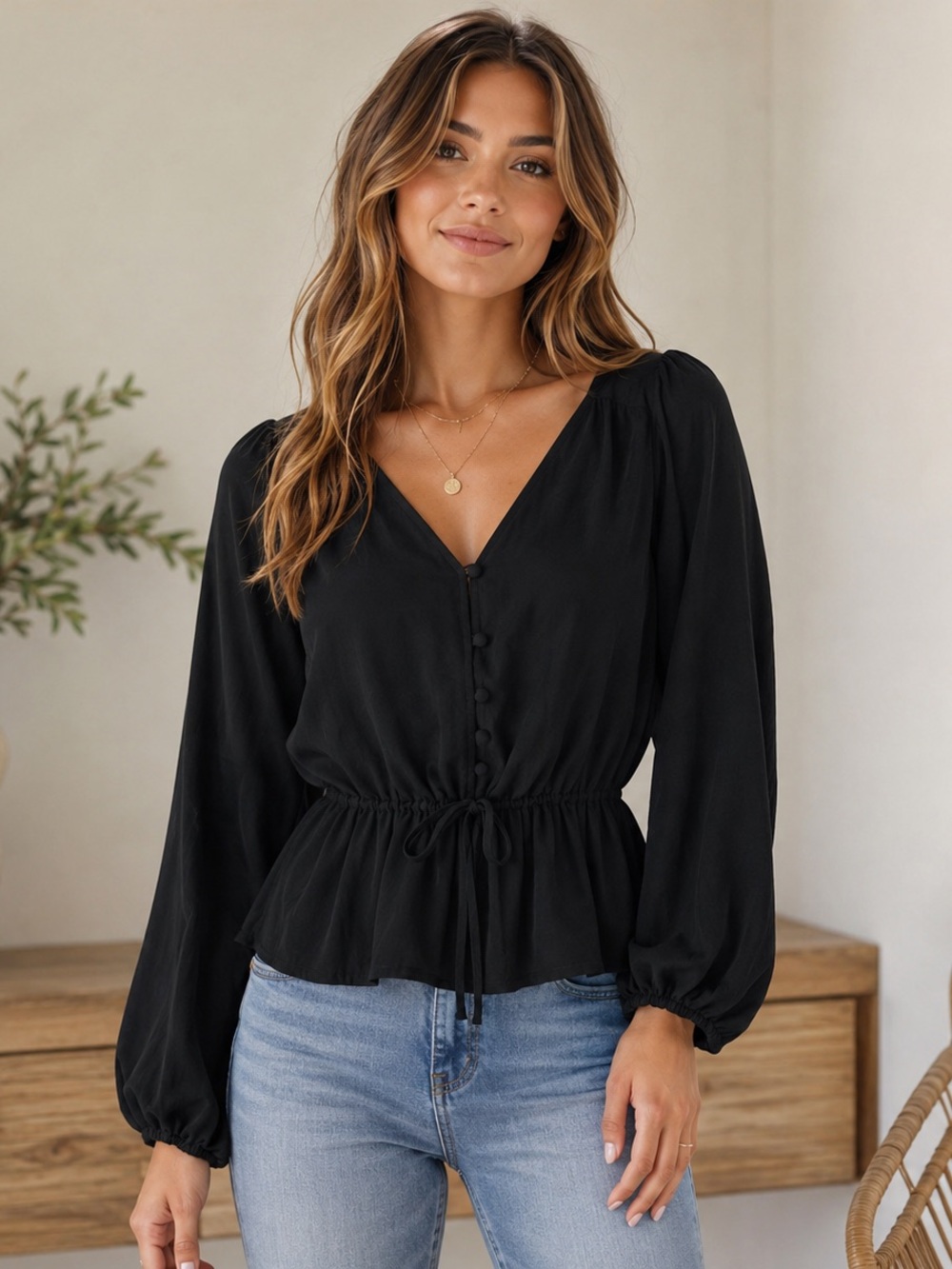 Joie| 100% Silk Black Button Front Babydoll Blouse